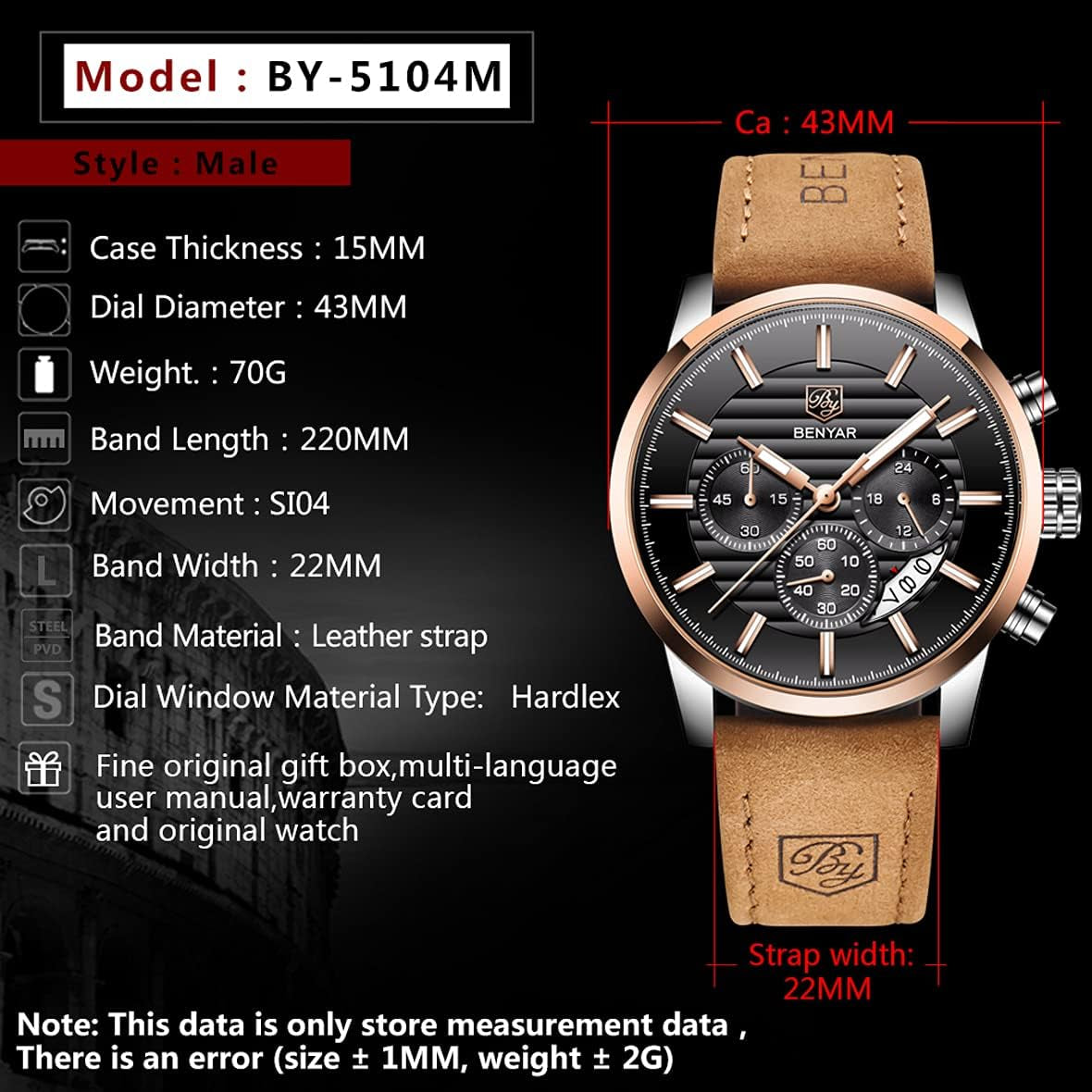 BENYAR Men'S Analog Chronograph, Sports and Leisure Business Brown Strap, Quartz Waterproof Multi-Function Watch