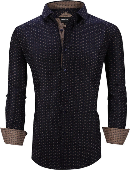 Mens Printed Dress Shirts Easy Care Regular Fit Long Sleeve Casual Button down Shirt for Men