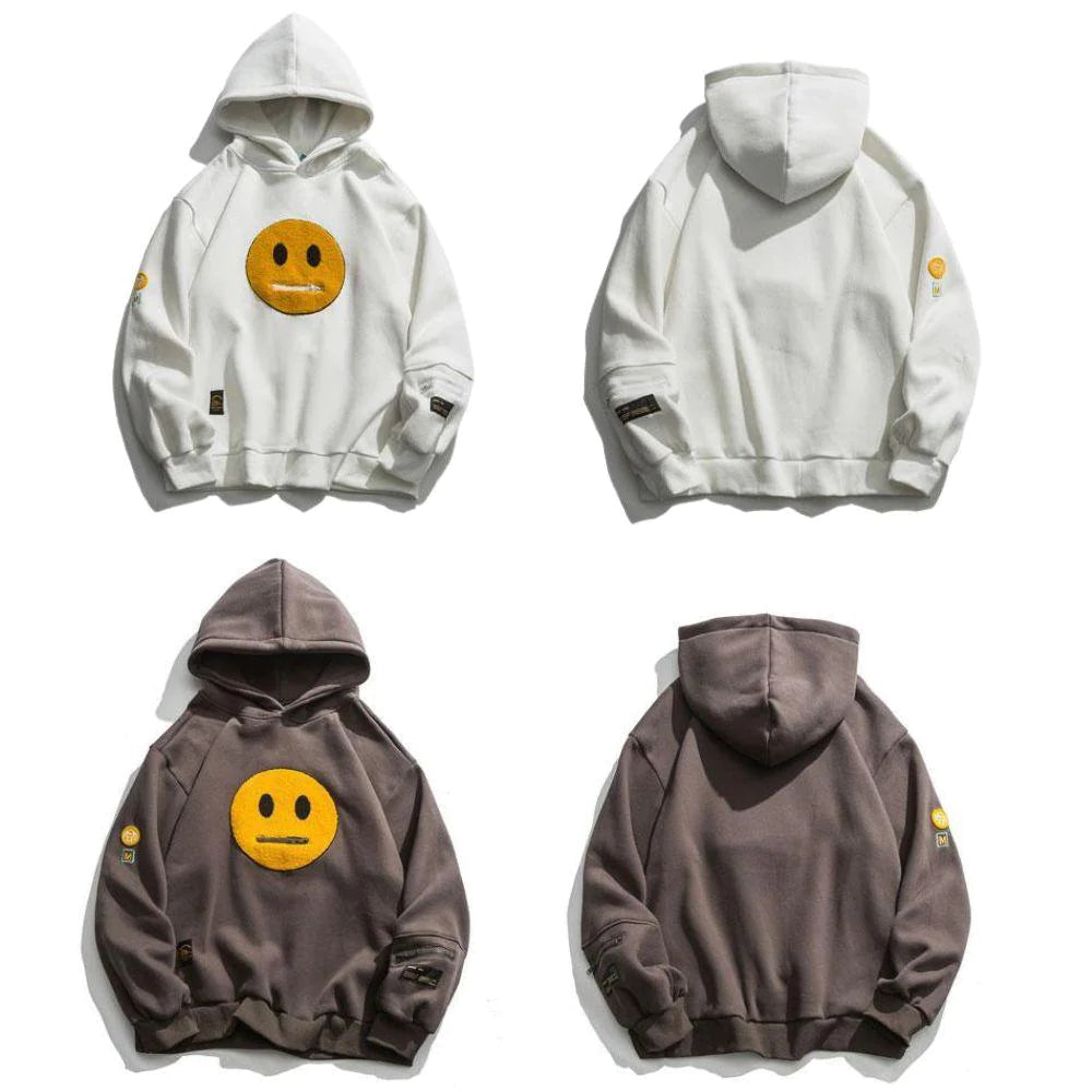 Zipper Pocket Smiley Face Patchwork Fleece Hoodies Sweatshirts Streetwear Mens Hoodie Casual Hooded Pullover Unisex Hoodie