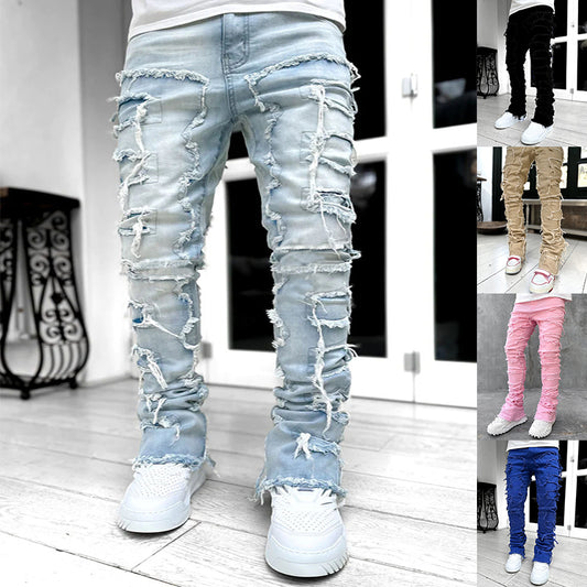 Men Trousers Individual Patched Pants Long Tight Fit Stacked Jeans for Mens Clothing