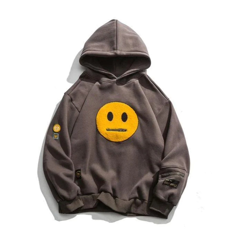 Zipper Pocket Smiley Face Patchwork Fleece Hoodies Sweatshirts Streetwear Mens Hoodie Casual Hooded Pullover Unisex Hoodie