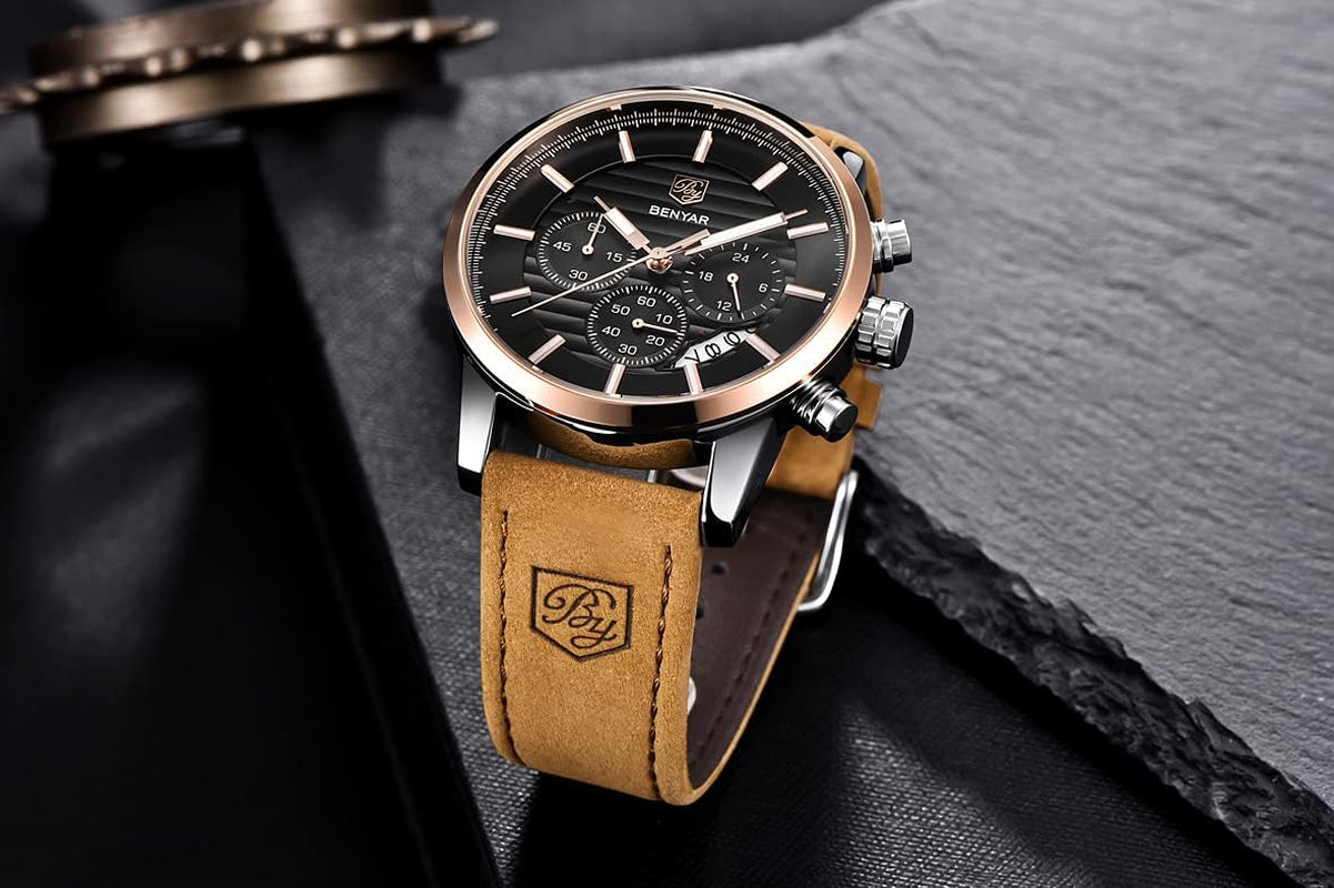 BENYAR Men'S Analog Chronograph, Sports and Leisure Business Brown Strap, Quartz Waterproof Multi-Function Watch