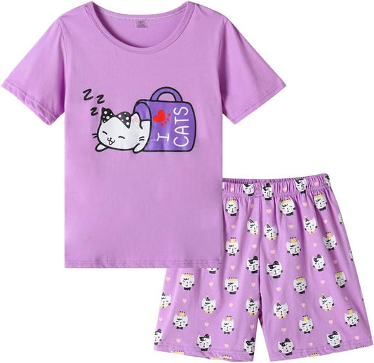 Young Girls Pajama Cute Cat Pattern Nighty Comfy Shorts Cotton Sleepwear