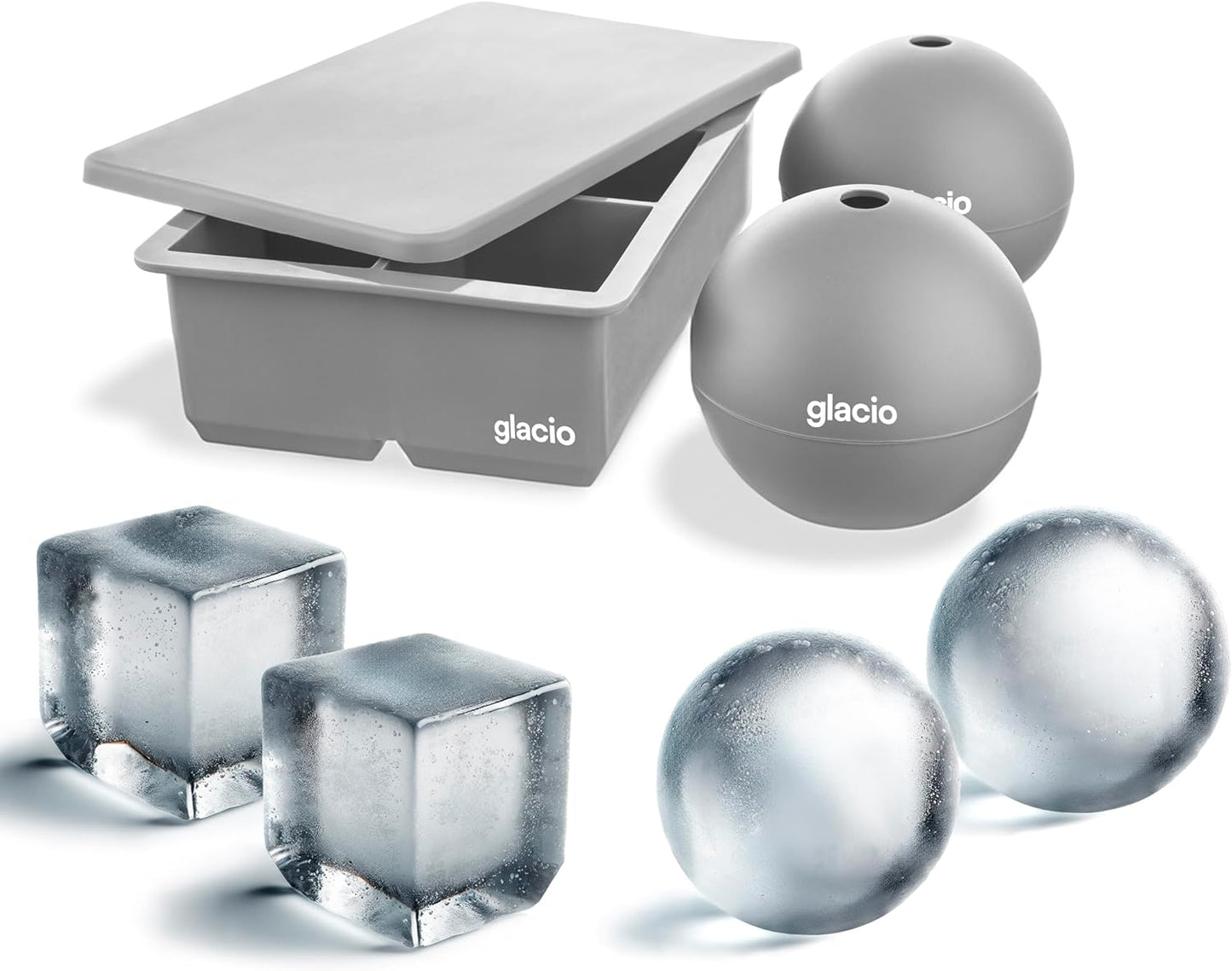 Ice Cube Molds - Jumbo Square Cube Tray with Lid and 2 Large Sphere Molds