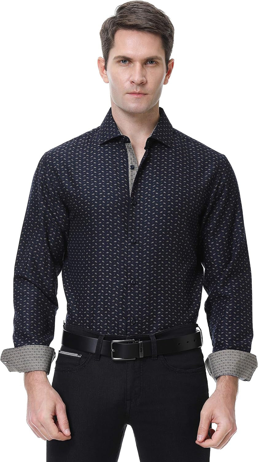 Mens Printed Dress Shirts Easy Care Regular Fit Long Sleeve Casual Button down Shirt for Men