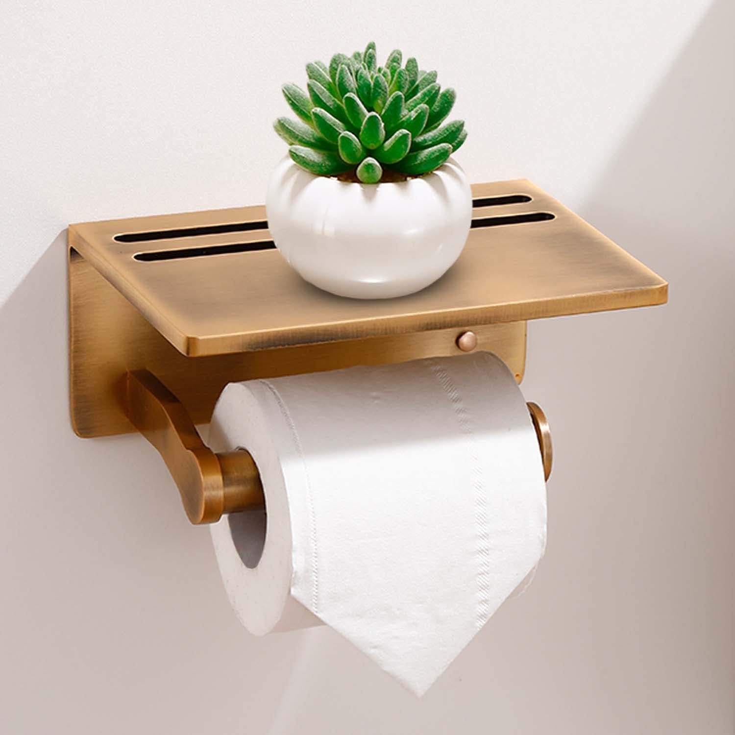 Smarthome Toilet Paper Holder with Shelf, Aluminum Tissue Roll Dispenser with Mobile Phone Storage Shelf for Bathroom, 3M Self Adhesiv or Wall-Mounted with Screws, Antique Brass