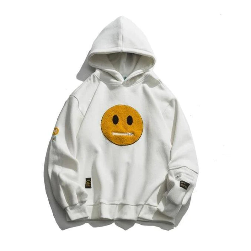 Zipper Pocket Smiley Face Patchwork Fleece Hoodies Sweatshirts Streetwear Mens Hoodie Casual Hooded Pullover Unisex Hoodie