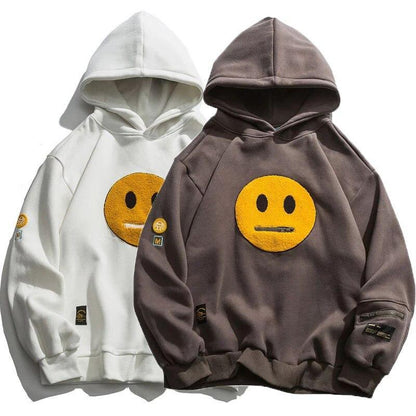 Zipper Pocket Smiley Face Patchwork Fleece Hoodies Sweatshirts Streetwear Mens Hoodie Casual Hooded Pullover Unisex Hoodie